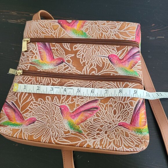 Anuschka Medium Crossbody With Double Zip Pockets Tooled Birds Tan - Picture 6 of 12